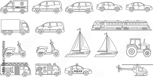 Transportation vehicle outline vector set with cars trains boats emergency service and agricultural machinery icons