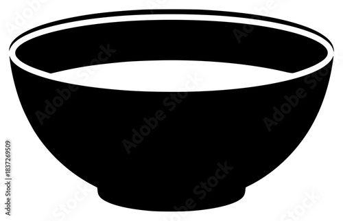 A black and white silhouette of a bowl, black, bowl, fill, glass bowl, liquid, milk, profile, against transparent background