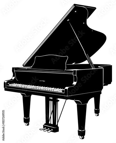 A black and white illustration of a grand piano, black, illustration, instrument, open, piano, profile, against transparent background
