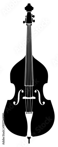A black and white silhouette of a double bass, black, bow, cello, icon, illustration, instrument, profile, string, violin, against transparent background
