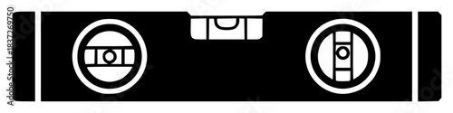 A black and white silhouette of a spirit level, black, flat, icon, illustration, lens, against transparent background