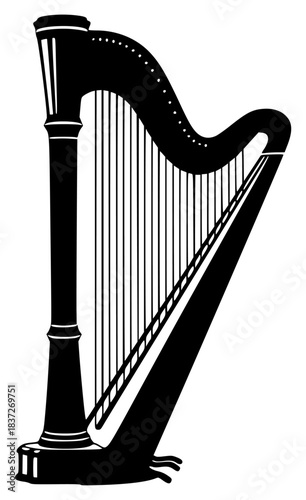 A black and white silhouette of a harp, black, footstall, illustration, instrument, mouth organ, pillar, pole, profile, string, style, against transparent background