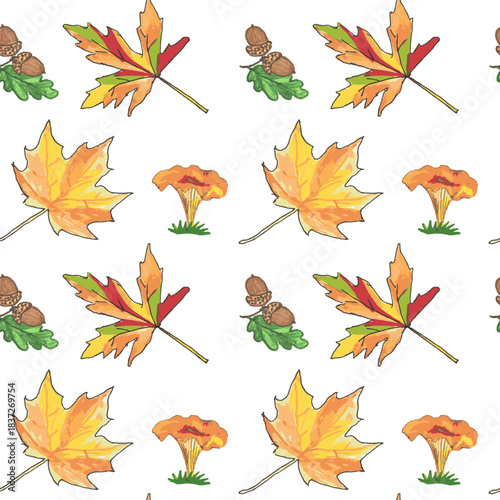 Charming autumn pattern, bright maple leaves, chanterelle mushroom, acorns. Cozy golden autumn atmosphere for harvest, cooking and autumn decor.