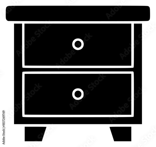A black and white icon of a nightstand with two drawers, black, bureau, chest, drawer, dresser, flat, furniture, icon, nightstand, against transparent background