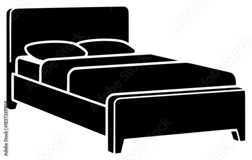A black and white silhouette of a single bed with a headboard and footboard, bed, bed frame, bedroom, black, headboard, icon, illustration, pillow, profile, against transparent background