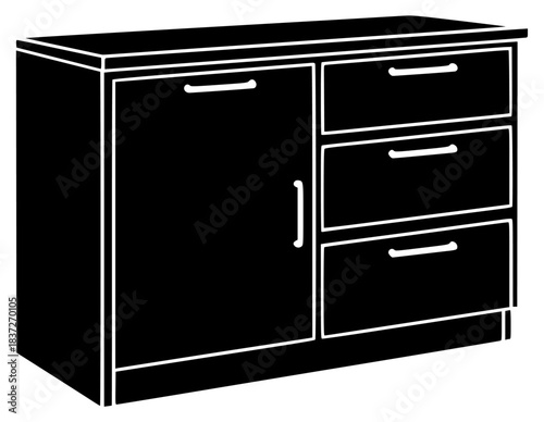 A black and white silhouette of a cabinet with three drawers, black, bureau, cabinet, closet, drawer, dresser, file cabinet, icon, illustration, nightstand, against transparent background