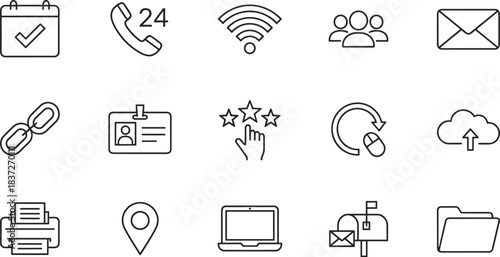 Business communication and support service line icons set including phone, email, calendar, Wi-Fi, rating, identity, cloud upload, office symbols