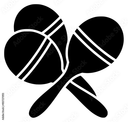 A black and white silhouette of two crossed maracas on a , ball, black, flat, icon, illustration, instrument, maraca, paddle, profile, racket, style, against transparent background