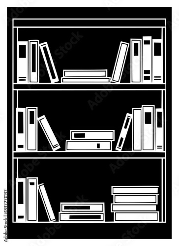 A black and white illustration of a bookshelf filled with various books, black, book, bookcase, bookshelf, icon, illustration, library, shelf, white, against transparent background