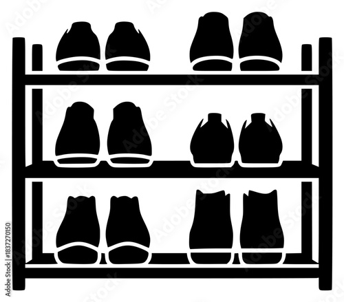 A black and white silhouette of a shelf filled with vases, black, bookshelf, fill, icon, profile, shelf, shoe, showcase, slipper, against transparent background