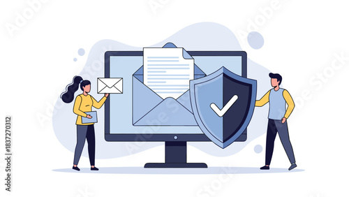 Digital security concept with people, computer, and email protection shield.