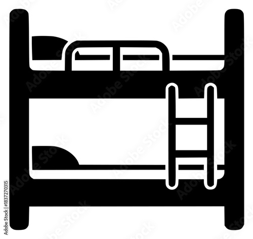 A black and white icon of a bunk bed with a ladder, bed, black, bunk bed, flat, icon, illustration, ladder, profile, against transparent background