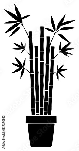 A black and white silhouette of a potted plant with bamboo leaves, bamboo, black, flat, houseplant, icon, illustration, plant, pot, profile, stem, against transparent background