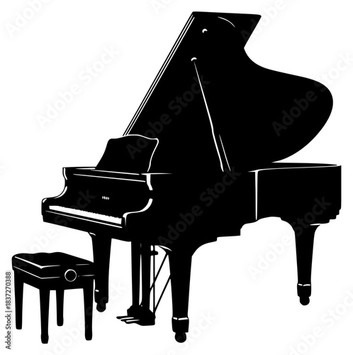 A black and white silhouette of a grand piano with a stool, black, chair, footstall, hassock, illustration, instrument, music stool, piano, profile, stool, against transparent background