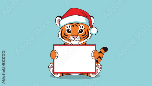 Cute cartoon tiger wearing a Santa hat holds a blank sign for holiday messages.