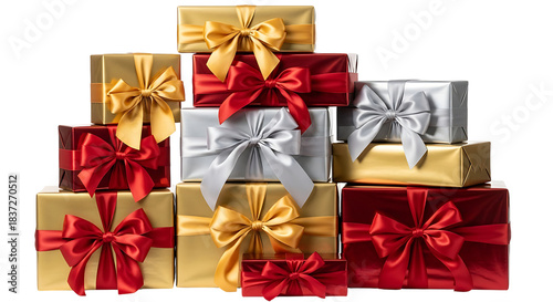 Stack of luxurious gold red and silver gift boxes with ribbons isolated on background