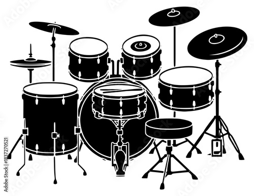 A black and white silhouette of a drum set, black, drum, drumstick, equipment, illustration, instrument, kit, profile, stool, against transparent background