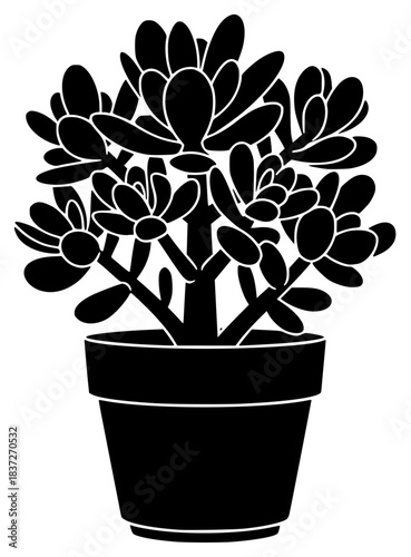 A black and white silhouette of a potted plant with succulents, black, fill, flower, houseplant, icon, illustration, plant, pot, profile, against transparent background