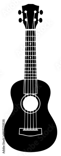 A black and white silhouette of an acoustic guitar, black, flat, guitar, icon, illustration, instrument, profile, string, ukulele, against transparent background