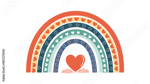 Bohemian rainbow with a red heart and feathers in the center against a white background.