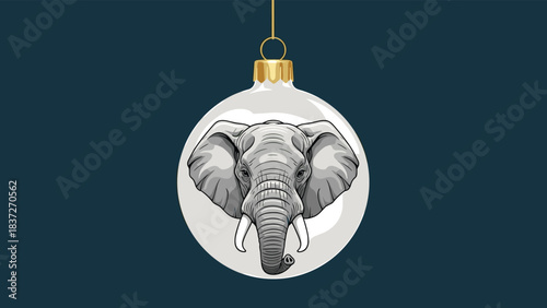 An elephant face peering out from a clear Christmas ornament hanging against a dark blue background.