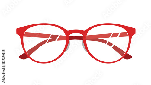 Red round framed eyeglasses with clear lenses and a white background.