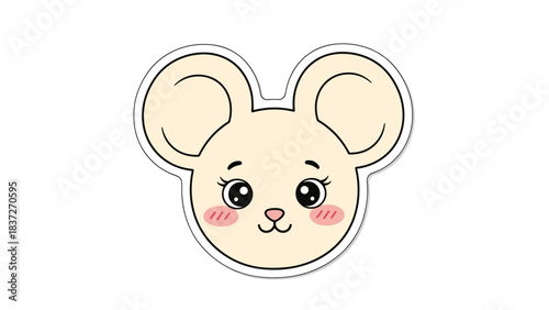 Cute cartoon illustration of a baby mouse's face with large ears and rosy cheeks.