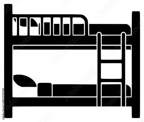 A black and white silhouette of a bunk bed with a ladder, bed, black, bunk bed, flat, icon, illustration, ladder, profile, against transparent background