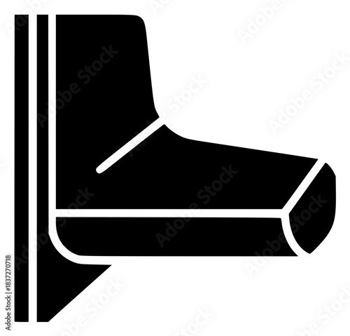 A black and white icon of a boot with a long sole, armchair, black, boot, chair, daybed, flat, icon, illustration, profile, sock, style, against transparent background