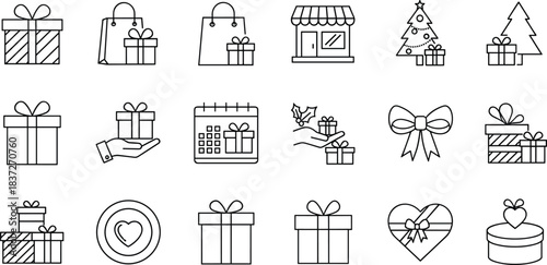 Minimal gift icon set with shopping bags boxes calendar Christmas tree bows hearts retail holiday presents vector outline collection design