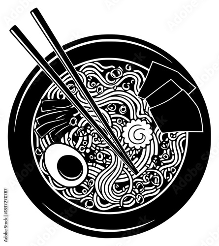 A black and white illustration of a bowl of ramen with chopsticks in it, black, bowl, broth, chopstick, cuisine, food, illustration, noodle, plate, soup, white, against transparent background