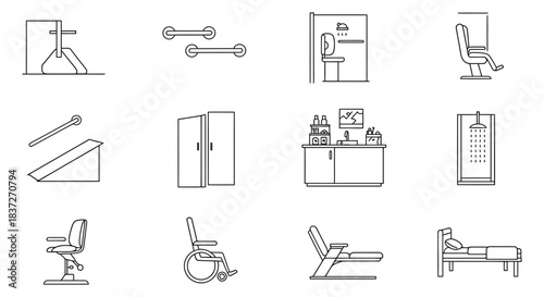 line art icons accessible features medical equipment patient care and disability support in healthcare settings.