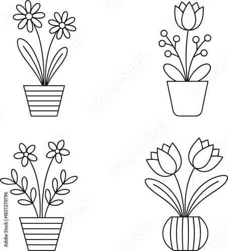 Collection of four simple line art icons illustrating potted plants and flowers, featuring daisies, tulips, and stylized berries in striped and plain ceramic pots,