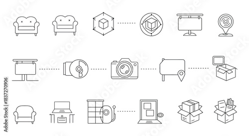 line art icons depicting product visualization and 3d scanning for e-commerce showing digital merchandising and online retail.