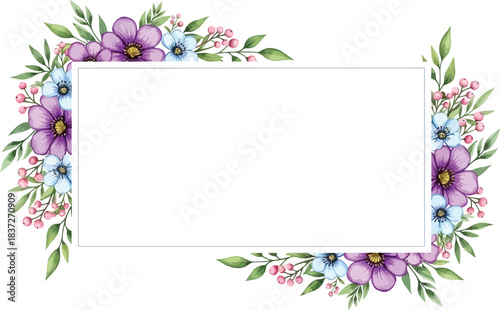 Elegant Watercolor Floral Frame Design with Purple and Blue Flowers, Green Leaves, and Pink Berries, Perfect for Invitations