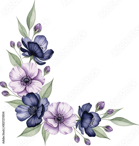 Watercolor floral corner arrangement with vibrant purple and soft lavender blossoms, green foliage, and delicate buds on a pristine white background
