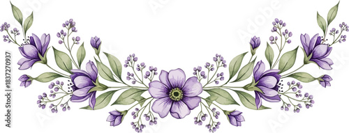 Elegant watercolor purple floral arrangement with green leaves and delicate buds forming a decorative botanical border on white background