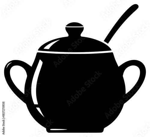 A black and white silhouette of a teapot with a spoon, black, boiler, icon, illustration, kitchenware, profile, tea, tea pot, tea set, against transparent background
