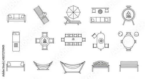 line art icons of diverse outdoor furniture and patio elements illustrating garden design for architectural plans and home layouts