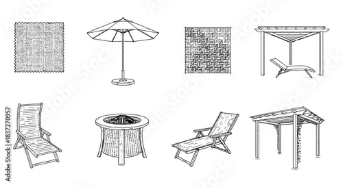 line art illustrations of outdoor furniture featuring patio umbrellas fire pits lounge chairs pergolas and woven textures.