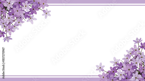 Elegant purple flowers creating a decorative border on a clean white background with subtle lilac lines, perfect for spring and celebration designs