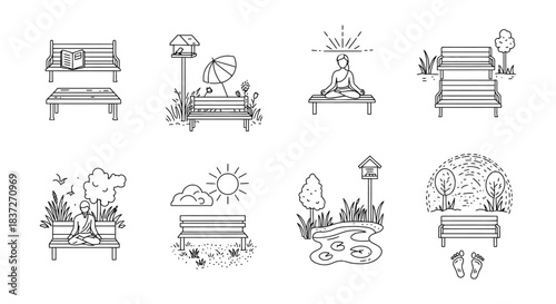 line art illustrations of park benches in nature depicting meditation relaxation and mindful presence for wellness.