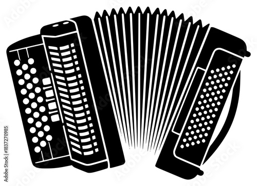 A black and white silhouette of an accordion, accordion, black, flat, icon, illustration, instrument, music, profile, style, white, against transparent background