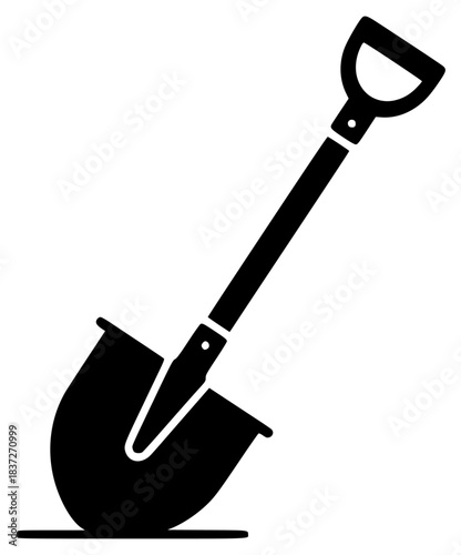 A black and white silhouette of a shovel and a bucket, black, equipment, flat, floor, handle, icon, illustration, profile, scoop, shovel, tool, against transparent background