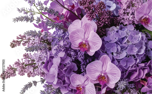 Elegant purple floral arrangement featuring vibrant orchids, delicate hydrangeas, and fragrant lavender, creating a beautiful and serene botanical display