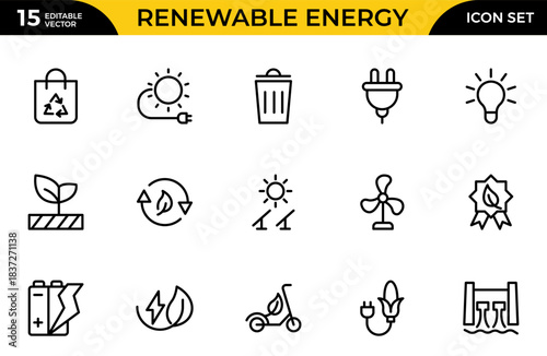 Renewable Energy Icon Set, alternative sources energy. Eco icon collection. Thin outline icons pack. Vector illustration