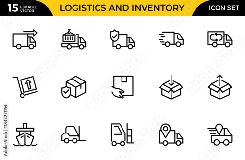 Logistics and inventory line icon set highlighting boxes, warehousing, and delivery features. Thin outline icons pack. Vector illustration