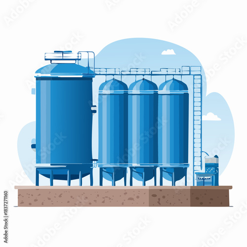 Flat vector illustration of industrial water filtration tanks with pipes and valves showing water treatment and purification technology on white background