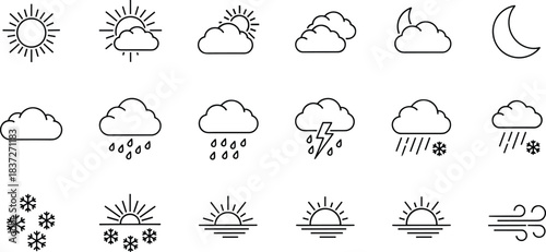 Minimal weather icon set with sun cloud rain snow storm wind sunset moon forecast symbols vector outline collection design pack