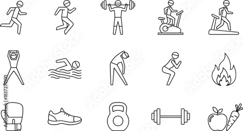 Minimal fitness activity icon set with running swimming cycling weightlifting cardio exercises equipment nutrition symbols vector outline collection design pack